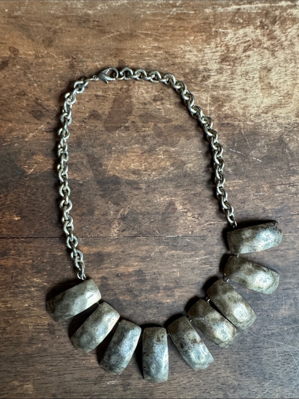 Vintage Necklace with Olive-Green Beads and Silver Chain